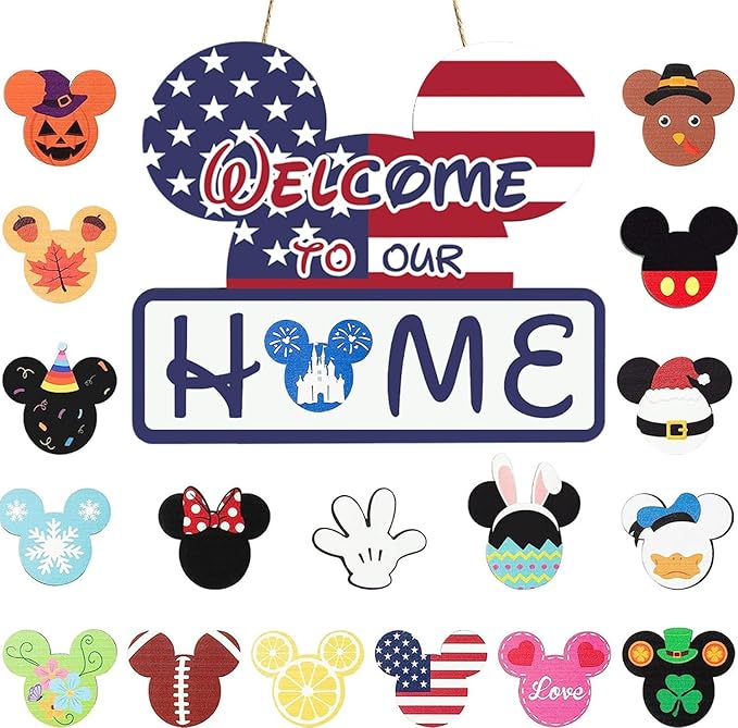 SUPYFD 19Pcs Cute Mouse Interchangeable Seasonal Welcome Door Sign for Front Door Decor, Welcome to Our Home Sign with Interchangeable Holiday Pieces for Farmhouse/Wall/Porch Decor and Housewarming