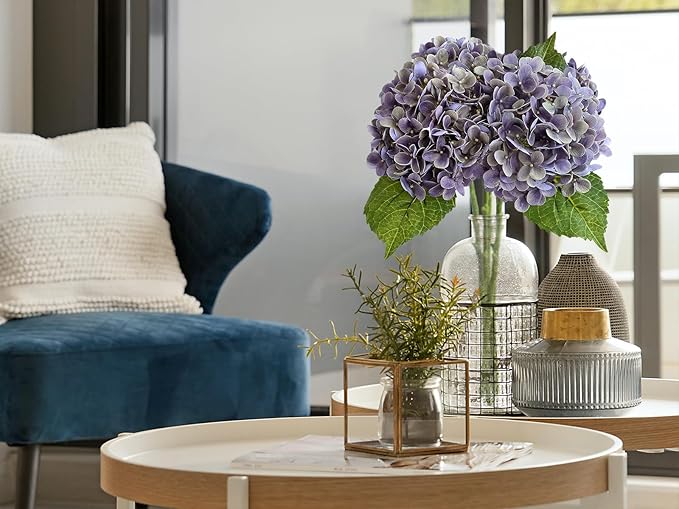 ZYTUYO 4 Pcs 20'' Gray Purple Real Touch Hydrangea Artificial Flowers Vintage Lifelike Latex Hydrangeas Long Stem for Boho Home Decor Porch Outdoor Wedding Kitchen Xmas Table Centrepiece