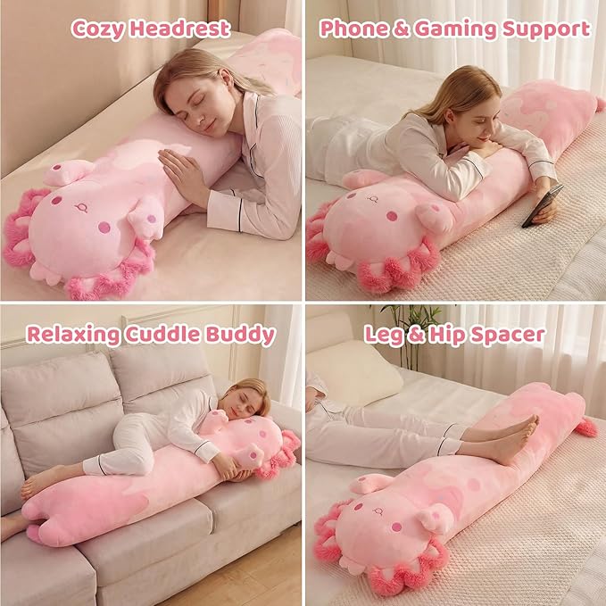 Mewaii Long Axolotl Plush 5 Sizes, 120% Extra Filling Giant Plushness Kids Body Pillow, Kawaii Cute Pink Axolotl Stuffed Animals Plushies, Big Long Body Pillow Cat Plush Gift for Girls 44”