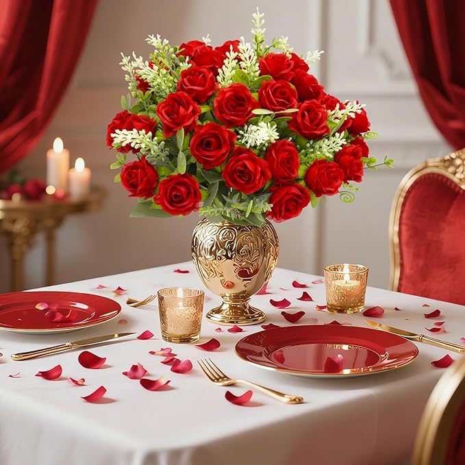 TURNMEON 40 Heads Fake Roses Artificial Flowers for Outdoors Summer Decor, 4 Bouquets UV Resistant Fake Flower Bouquet Faux Silk Roses for Wedding Birthday Party Home Mother's Day Cemetery Decor(Red)