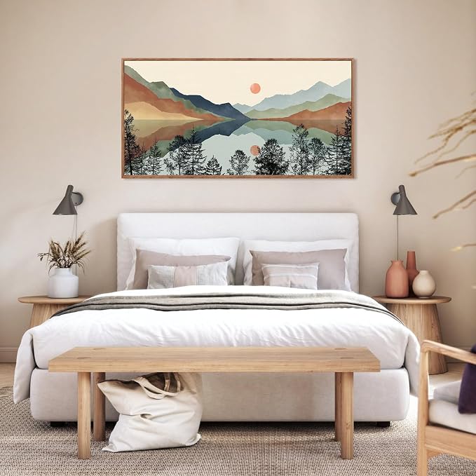 CHDITB Mountain Sun Forest Framed Art Prints(40"x20"), Boho Watercolor Nature Landscape Canvas Artwork Painting, Abstract Foggy National Park Scenery Poster Decor for Living Room Bedroom