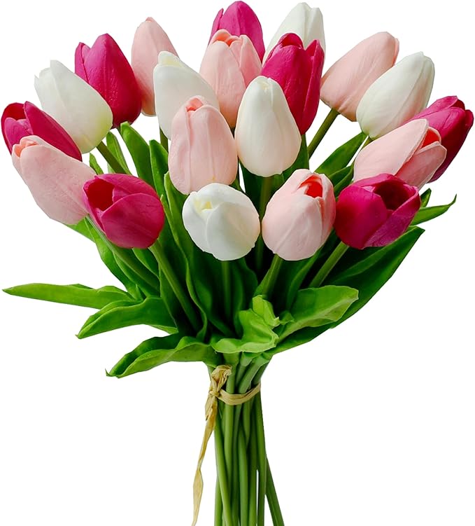 Mandy's Shades of Pink Artificial Tulips Flowers Centerpiece, 13.5" Lifelike PU Fake Floral Stems 20pcs for Kitchen Island & Dining Table, Spring Decor for Easter