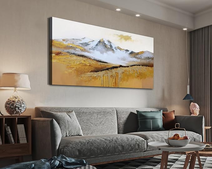 Arjun Textured Mountain Landscape Canvas Wall Art Large 48"x24"- Gold Peak & Misty Valley Painting, Golden Drip Artwork Framed Picture Prints for Living Room Bedroom Home Office Wall Decor