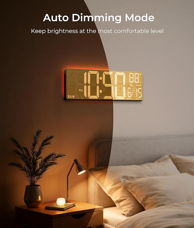 EASYERA 16.5" Large Digital Wall Clock with BT Sync, Wood Grain Clock with 11 RGB Light Scenes, Remote Control, Dual Alarms with Big LED Display, Auto DST, Temperature for Classroom Gaming