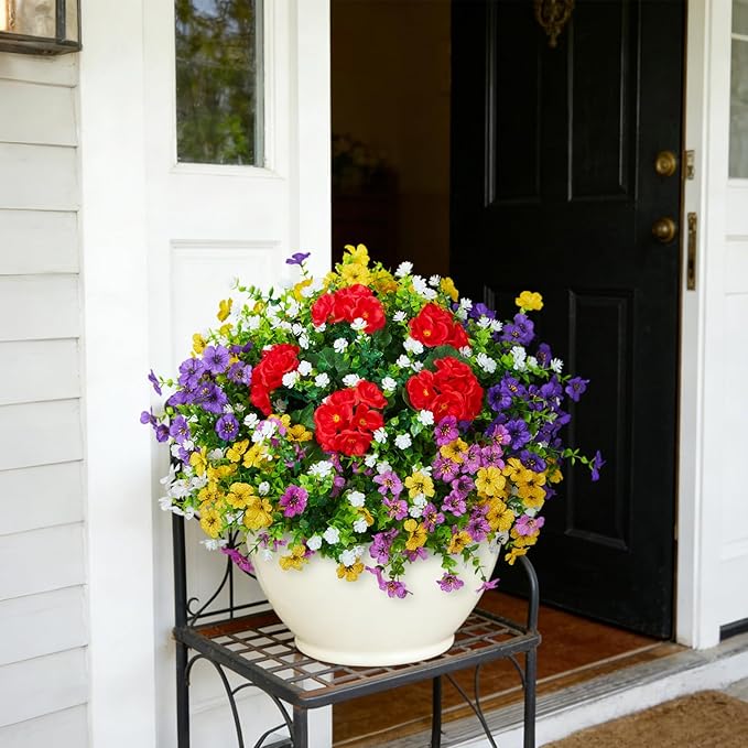 Hrobek Fake Artificial Silk Flowers for Outdoors with Realistic UV Resistant, Faux Plants for Outside Indoor, Home Patio Garden Back Yard Front Porch Decor Spring Summer(12 Bunches)