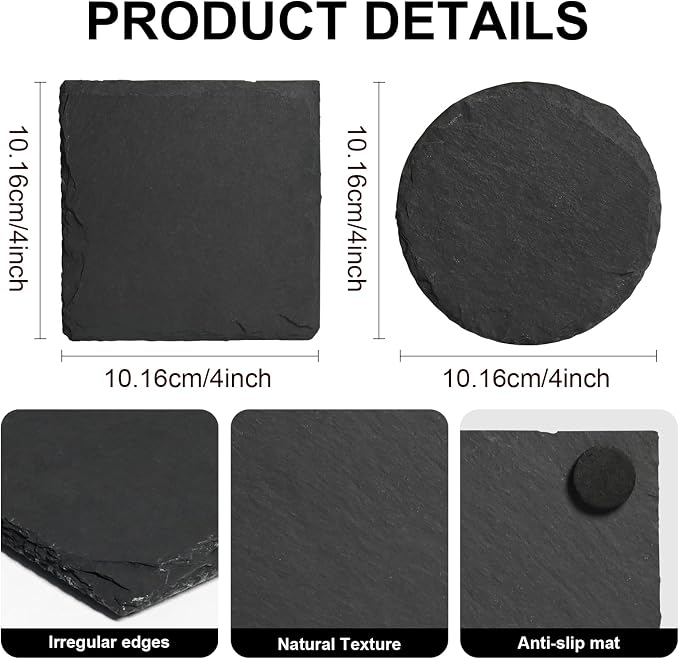 48 Pack 4 Inch Slate Coasters,Black Blank Slate for Laser Engraving,Square & Round Slate Coasters Bulk for Home & Bar Table Protection (24 Square + 24 Round)