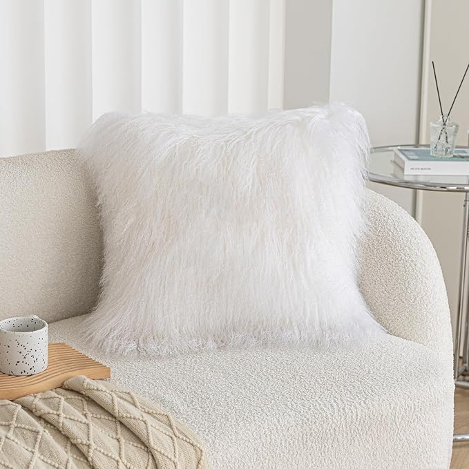 Real 100% Tibetan Mongolian Lamb Sheepskin Wool Fur Throw Pillow Covers, White 20x20 Inch Set of 2, Super Soft Plush Leather Accent Pillowcases Decorative Cushion Cover for Living Room