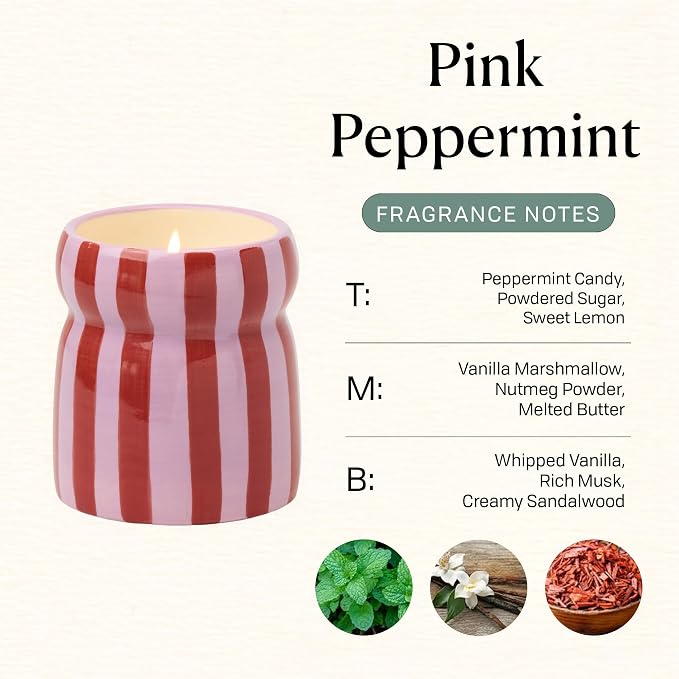 Paddywax Cabana Hand-Painted Scented Candle with Lid in Ceramic Reusable Jar, Clean-Burn Soy Candle, Pink Peppermint Scent, Approx. 42 Hour Burn Time, 6.5 oz