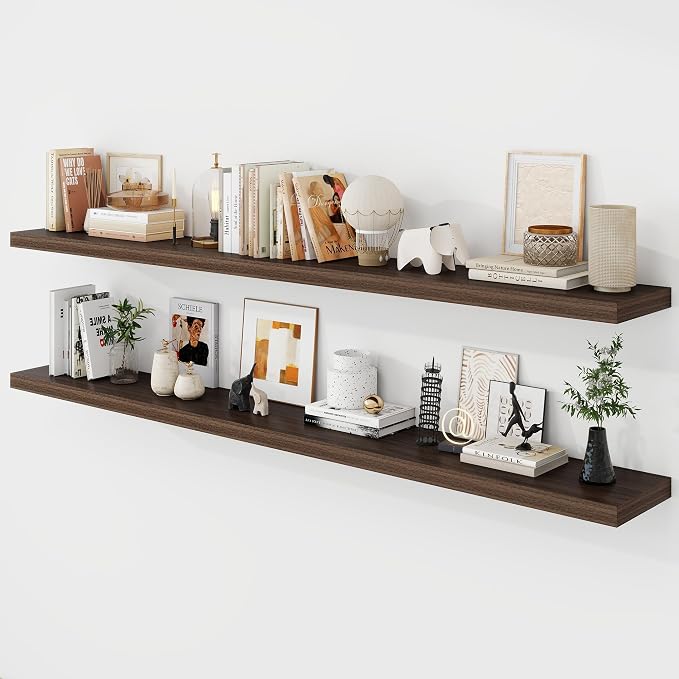 Acovy 72 Inch Floating Shelves, 9.3" Deep Floating Shelf Wall Mounted, 72" Wall Shelves, Rustic Deep Bookshelf, Large Display Shelves & Storage Shelves for Bedroom, Living Room, Walnut, Set of 2