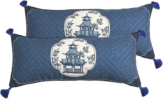 bilin gaier Designer Linen Throw Pillow Covers,28"x12" Set of 2-Suqing B | Chinoiserie Elegant Rectangular Blue Pillow Cover,Concealed Zipper,Sofas,Bedroom,Living Room,Dining,Lounge Chairs