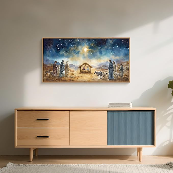 LHIUEM Large Bible Christian Religious Framed Canvas Wall Art Set,Birth of Jesus Nativity Wall Decor,Christmas Mary and Joseph Artwork for Living Room,Bedroom,Dining Room,Office -20"x40"x3