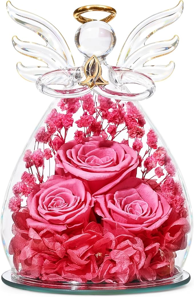 Beferr Mothers Day Mom Birthday Gifts for Women, Fresh Flowers for Delivery Forever Preserved Rose in Glass Angel Figurine, Anniversary Christian Real Rose for Grandma Nana Wife Mum from Daughter Son