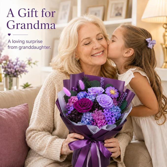Preserved Purple Rose Bouquet, 100% Real Flowers for Women Mother Wife, Long-Lasting Eternal Roses with Gift Box, Forever Flowers for Anniversary Birthday Mother's Day, Lasts 3-5 Years