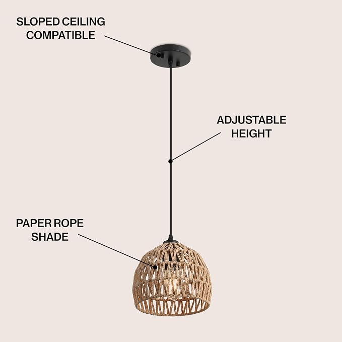 JONATHAN Y 8.25" Brown Modern Bohemian Woven Rope LED Pendant Light Fixture, Adjustable Dome Ceiling Lamp for Kitchen Island, Rope Shade, Coastal Farmhouse Decor (JYL6512E)