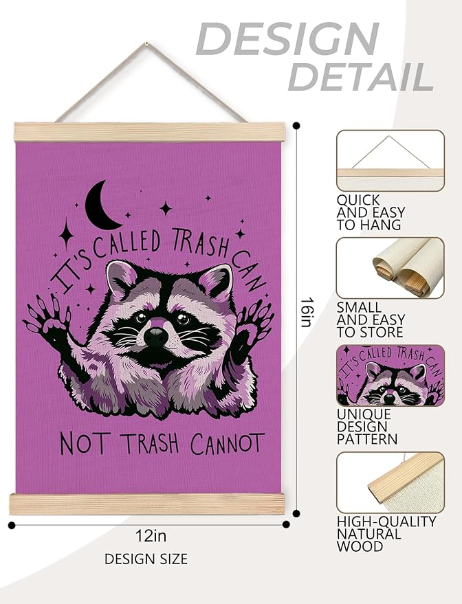 Foritho Funny Motivational Raccoon Meme Poster Wall Art Framed for Office Dorm Home, Sarcastic Work Trash Panda Office Canvas Prints Wall Decor for Coworkers Women Men, 12x16 Inch - Purple