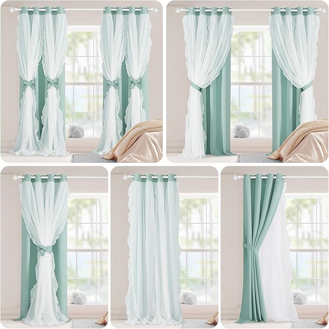 PONY DANCE Blackout Curtains for Living Room Decor Window Treatment Double Layer Drapes Ruffle Sheer Overlay Farmhouse Rustic Design, W 52 x L 84 Inches, Mint Green, 2 Panels