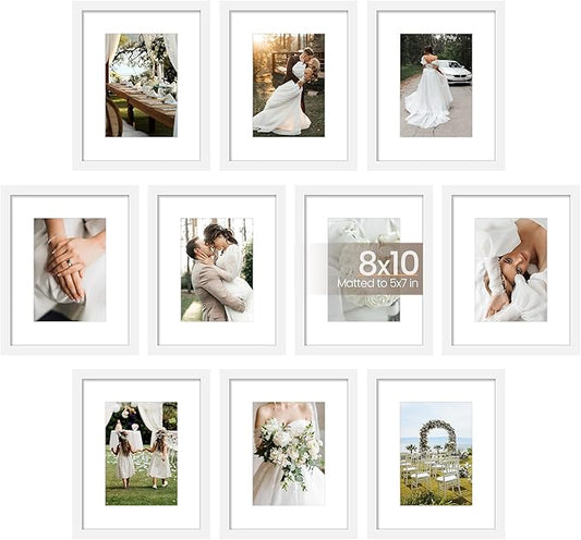 upsimples 8x10 Picture Frame Set of 10, Display Pictures 5x7 with Mat or 8x10 Without, Multi Photo Frames Collage for Wall or Tabletop Display, White