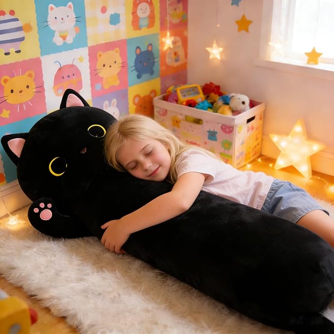 MaoGoLan Long Cat Body Pillow for Kids, 44'' Big Kitten Plush for Adults, Big Black Cat Stuffed Animal for Girl, Large Kitten Plush Throw Pillow for Birthday Gift, Baby Shower Party Favor Decor