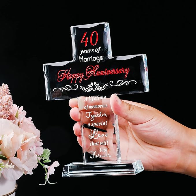 YWHL 40th Wedding Anniversary Cross Gifts for Parents, 40 Years of Marriage Glass Standing Cross Keepsake for Couple, 40 Years Aniversary Decorations for Home Party