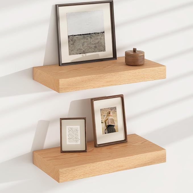FLYJOE Floating Shelves for Wall, USA-Sourced Oak Wood 16 Inch Wall Shelves Set of 2, Natural Wooden Mounted Picture Ledge Shelf, Nursery Book Storage Shelf Kids Bookshelf Display, Shelf for Bathroom