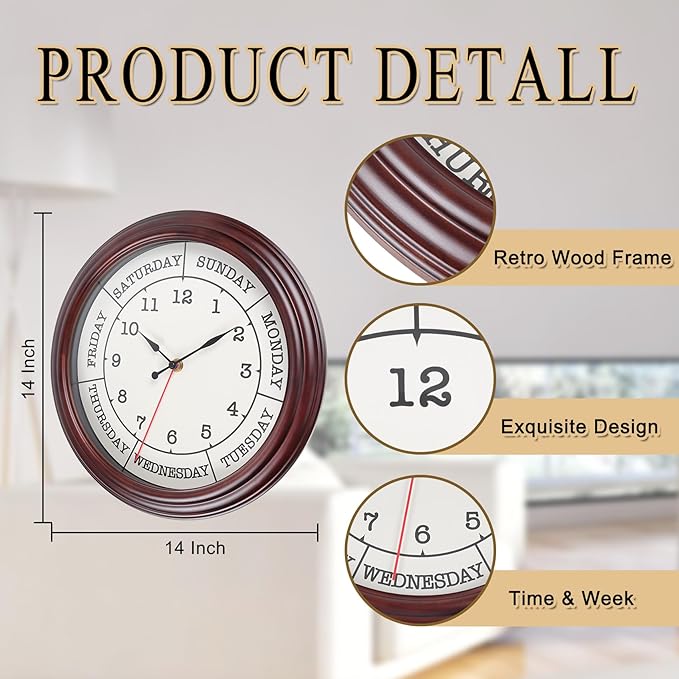Day of the Week Clock 14 Inch Retirement Wall Clock with Wood Frame for Men Women Red Brown
