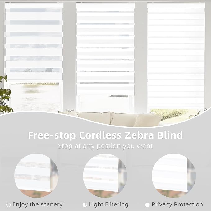ChrisDowa Cordless Zebra Blinds for Windows, Dual Layer Free-Stop Light Filtering Window Roller Shades, Pull Down Privacy Zebra Shades for Home, Office, Bedroom, Door (67" W x 72" H, White)