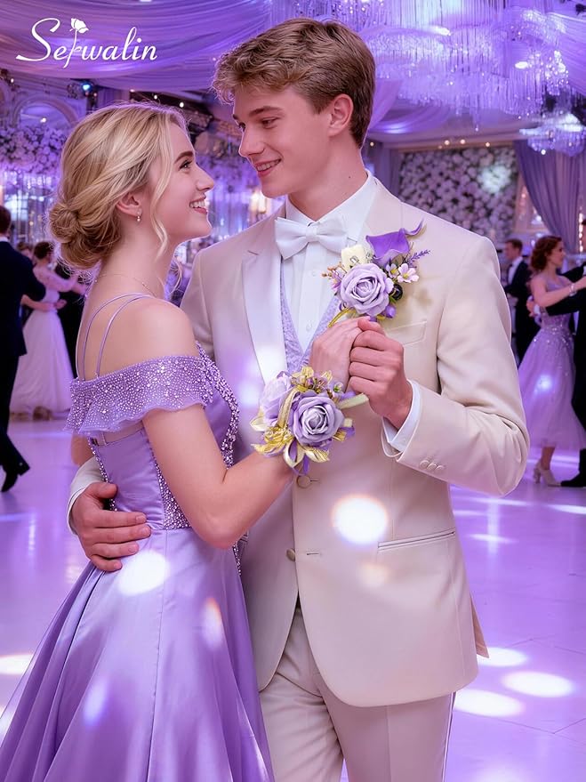 Serwalin Purple Prom Corsage and Boutonniere Set, Artificial Calla Lily Rose Wrist Corsage Wristlet for Homecoming, Formal Dance, Wedding Flowers Accessories Party Suit Decorations