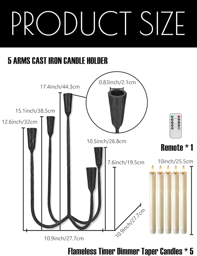 Denique 5-Arm Cast Iron Candelabra with LED Flameless Taper Candles and Remote, Tall Metal Vintage Candle Holder Centerpiece for Dining Table, Wedding and Event Decor, Black