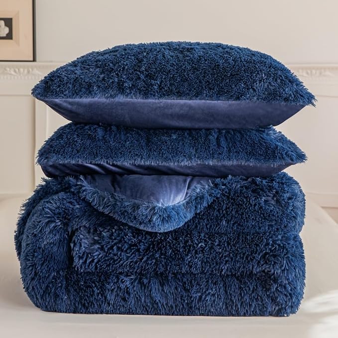 chovy Faux Fur Plush Navy Blue Comforter Sets Queen - Ultra Soft Shaggy Flannel Velvet Fluffy Fuzzy 3PC Bedding Set (Comforter x 1 Pillowcases x 2)