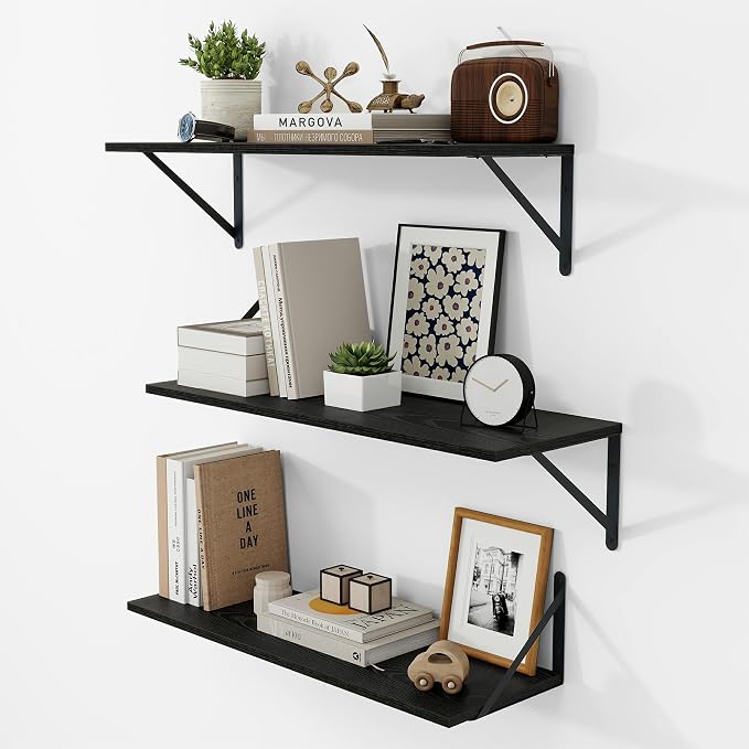 Vivelove Black Deep Floating Shelves for Wall, 24W x 8D Wood Wall Shelves Set of 3, Wide Floating Bookshelf for Living Room, Kitchen, Office, Bedroom and Decor Storage, with Metal Bracket - Black