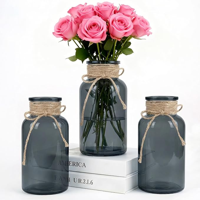 Vintage Glass Flower Vase, Farmhouse Glass Centerpiece Vases Mason Jars for Weddings, Parties & Home Decor Bulk (3, Black)