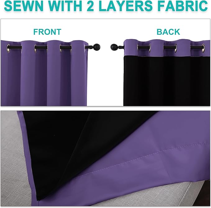 NICETOWN 100% Blackout Curtains with Black Liners, Thermal Insulated Full Blackout 2-Layer Lined Drapes, Noise Cancellation Window Draperies for Dining Room (Lilac Purple, 2 Panels, 55" W by 57" L)