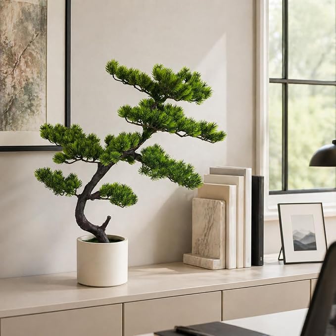 3FT Artificial Bonsai Pine Tree, Realistic Faux Pine Bonsai with Natural-Looking Trunk and Moss Pot, Maintenance-Free Indoor Artificial Tree for Living Room, Office, Entryway Decor