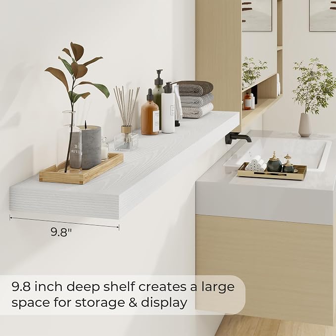 Dreamland 55Inch White Floating Shelves 9.8" Deep Wall Mounted Set of 2 | Wall shelves for bathroom, bedroom, Living Room, kitchen, deep wall mount wood storage display for home decor 55" x 9.8"