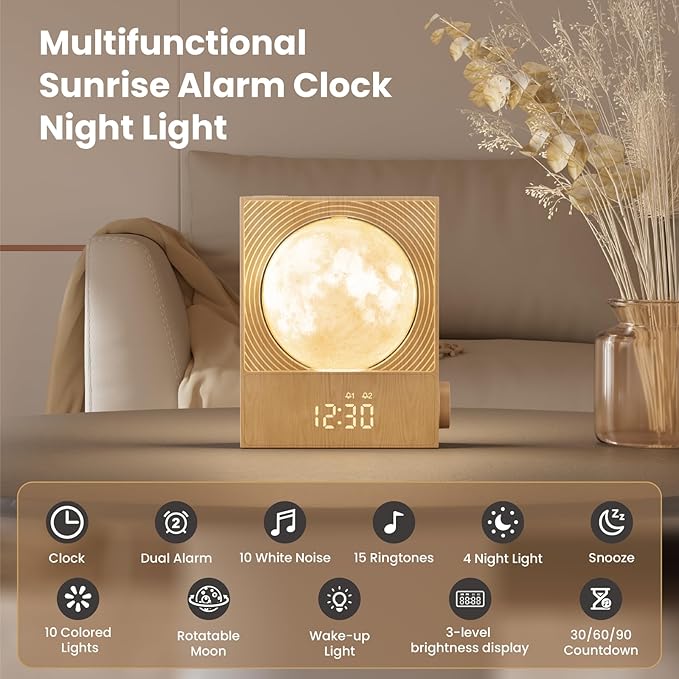 RETEYUNG Sunrise Alarm Clocks for Heavy Sleepers,Rotatable Moon Light with Gentle Wake-Up,Clock Night Lamp for Bedrooms - Snooze,10 Light Effects,10 Nature Sounds,15 Ringtones for Adults,Kids,Nursery