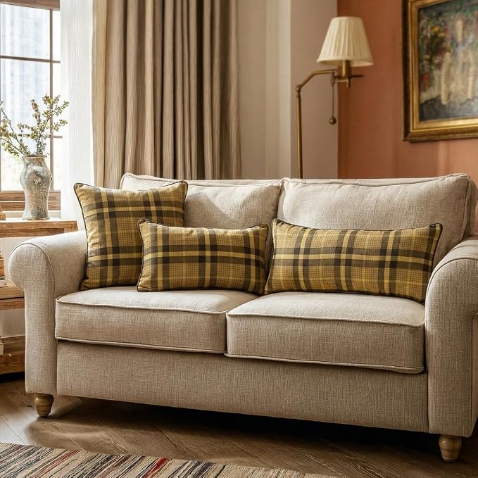bilin gaier Designer Vintage Linen Throw Pillow Cover,20"x12"-Seville BN | Elegant Rectangular Pillow Cover,Concealed Zipper,Plaid Print Pattern,Sofas,Bedroom,Living Room,Lounge Chairs