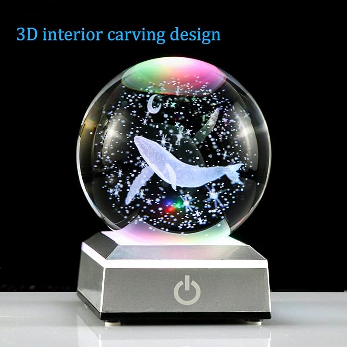 3D Engraved Whale K9 Crystal Ball with Silver LED Base 3.15in. Miniatured Whale Birthday Gifts for Girlfriend Glass Home Decoration (3.15 in.)