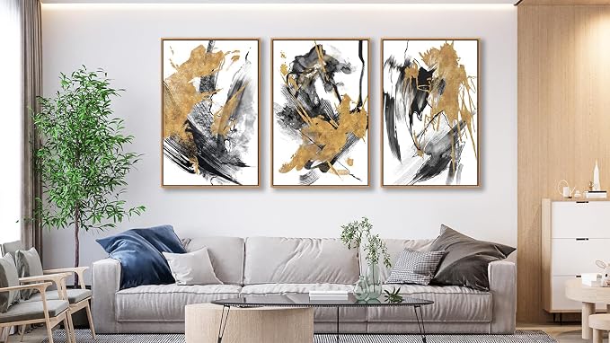 Large Modern Painting Wall Art for Living Room Natural Wood Float Framed Art Set of 3 Abstract Canvas Pictures Minimalist Artwork Canvas Prints for Bedroom Home Office Wall Decor 16X24inX3pcs