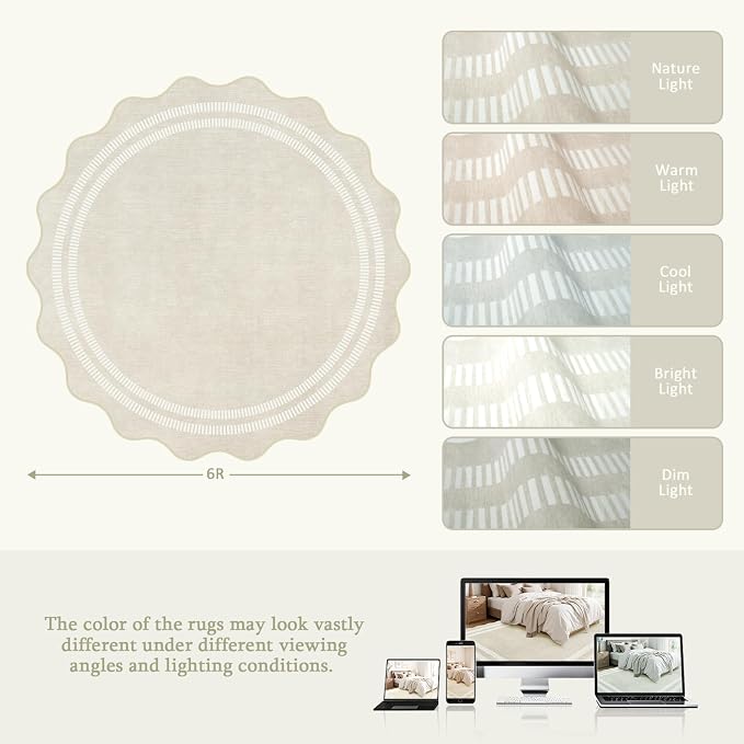 Round Area Rugs 6ft for Bedroom, Ivory Washable Circle Rug Soft Non Slip Floor Scalloped Carpet Indoor Thin Rug for Living Room Dining Room Playroom Nursery