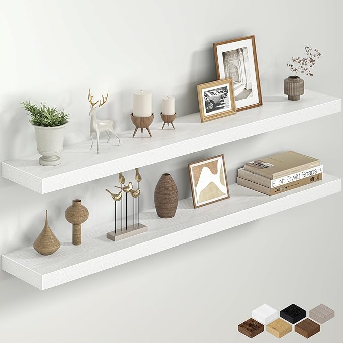 Fun Memories 48 Inch Floating Shelves for Wall, 8 Inch Deep Rustic Wood Wall Mounted Shelves with Invisible Brackets for Bathroom, Bedroom, Kitchen & Living Room Storage Decor, White, 2 Pack