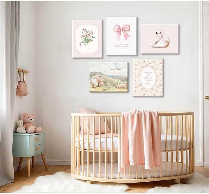 Nursery Christian Wall Art Bible Verses Canvas Wall Decor Baby Girl Room Poster Vintage Pink Nursery Prints Decor Floral Bow Swan Artwork Jesus Scripture Picture for Bedroom 8x10x5 Inch Wrapped Canvas