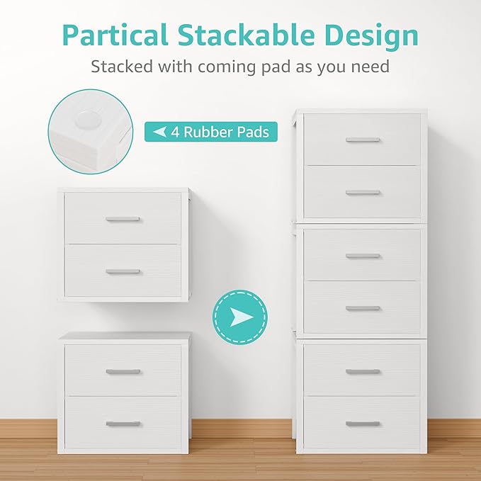 BOLUO Stackable Storage Drawers Closet Organizers and Storage Fabric White 2 Drawer Dresser for Bedroom Modern