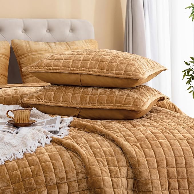 PHF Luxurious Velvet Quilt Set Twin Size – 2PCS Super Soft Quilted Comforter Alternative with Square-Box Quilt Pattern, Warm Quilted Bedspread Coverlet, 68" x 92", Rusty Burnt Orange