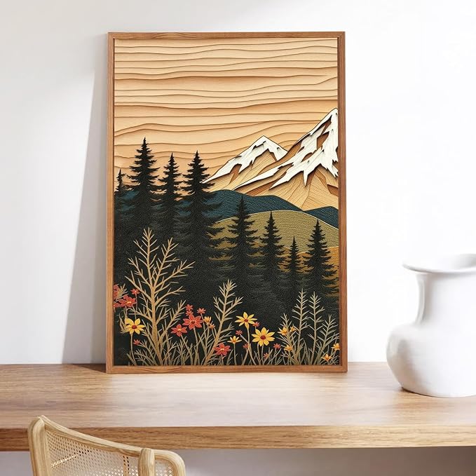 LHIUEM Vintage Woodcut Mountain Framed Canvas Wall Art,Forest Pine Tree Boho Wall Decor,Wilderness Sunset Landscape Artwork for Living Room,Bedroom,Dining Room,Office -16"x24"x3