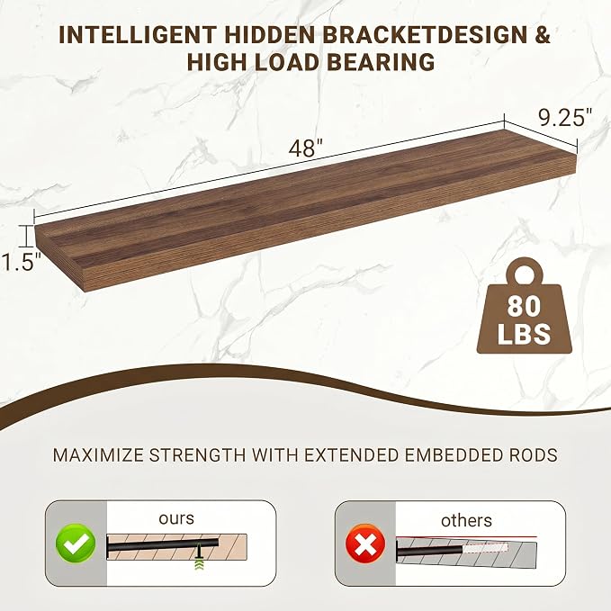 Acovy 48 Inch Floating Shelves, 48"x9.25"x1.5" Inch Deep Floating Shelves for Wall, Wooden Shelves for Bathroom, Bedroom, Living Room, Walnut, 1 Piece