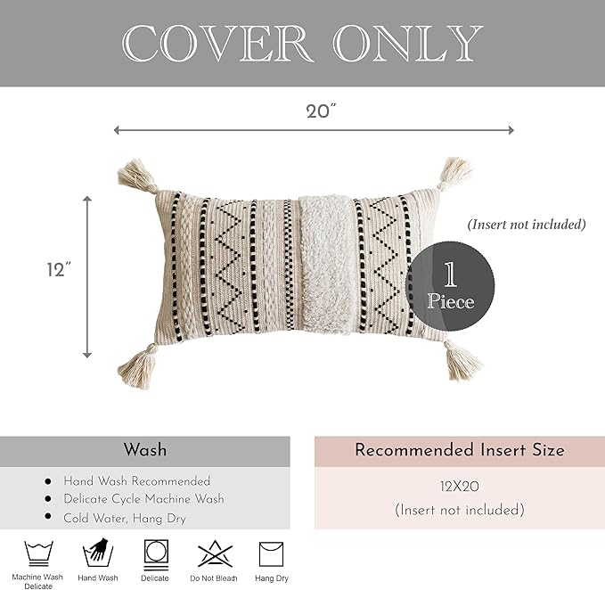 BlissBlush 12x20 Lumbar Pillow Cover, Cream Neutral Rectangular Decorative Cushion Cover with Black Pattern, Cotton Boho Accent Pillowcase with Tassels for Couch Sofa Living Room (Cover Only)