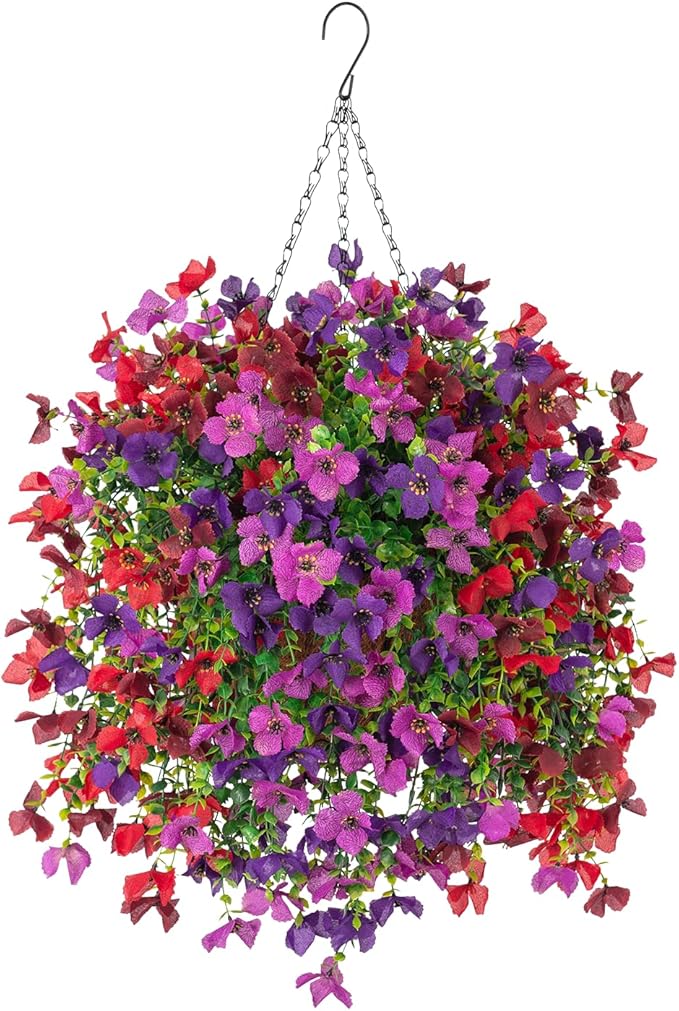 Artificial Hanging Flowers Plants with Basket for Outdoors, Realistic Faux Silk Daisy Flower Eucalyptus for Spring Decor, UV Resistant Fake Plants for Porch Patio Yard Balcony, Purple Red Brown