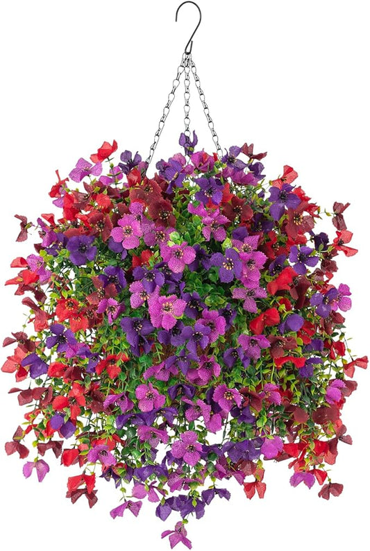Artificial Hanging Flowers Plants with Basket for Outdoors, Realistic Faux Silk Daisy Flower Eucalyptus for Spring Decor, UV Resistant Fake Plants for Porch Patio Yard Balcony, Purple Red Brown