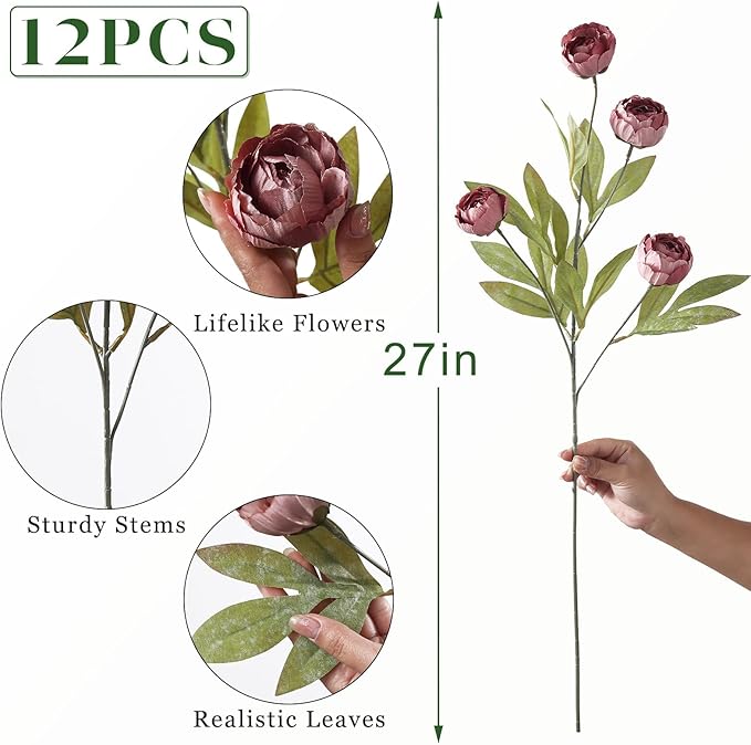 VIERENA 12 Pcs Faux Silk Peony Artificial Flowers for Vase -27", Bulk Fake Peonies Branches with Stems for DIY Bouquet Centerpieces Wedding Fillers Arrangements Shower Decorations (Warm Pink)