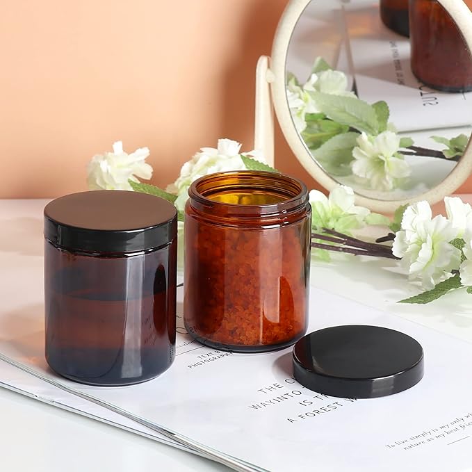 24 Pack 8 oz Amber Glass Jars with Black Lids | Airtight Refillable Containers for Candle Making, Lotions, Body Butter, Creams, Beauty Products & Dry Goods